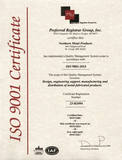 Northern Metal's ISO 9001 Certification